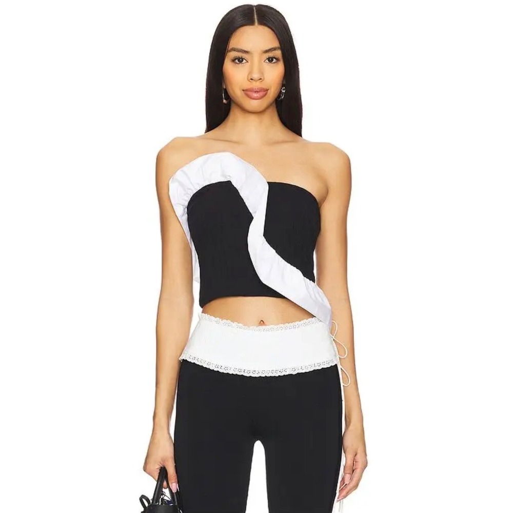 Free People Black White Ruffle Strapless Tube Top Cropped Ribbed Knit S